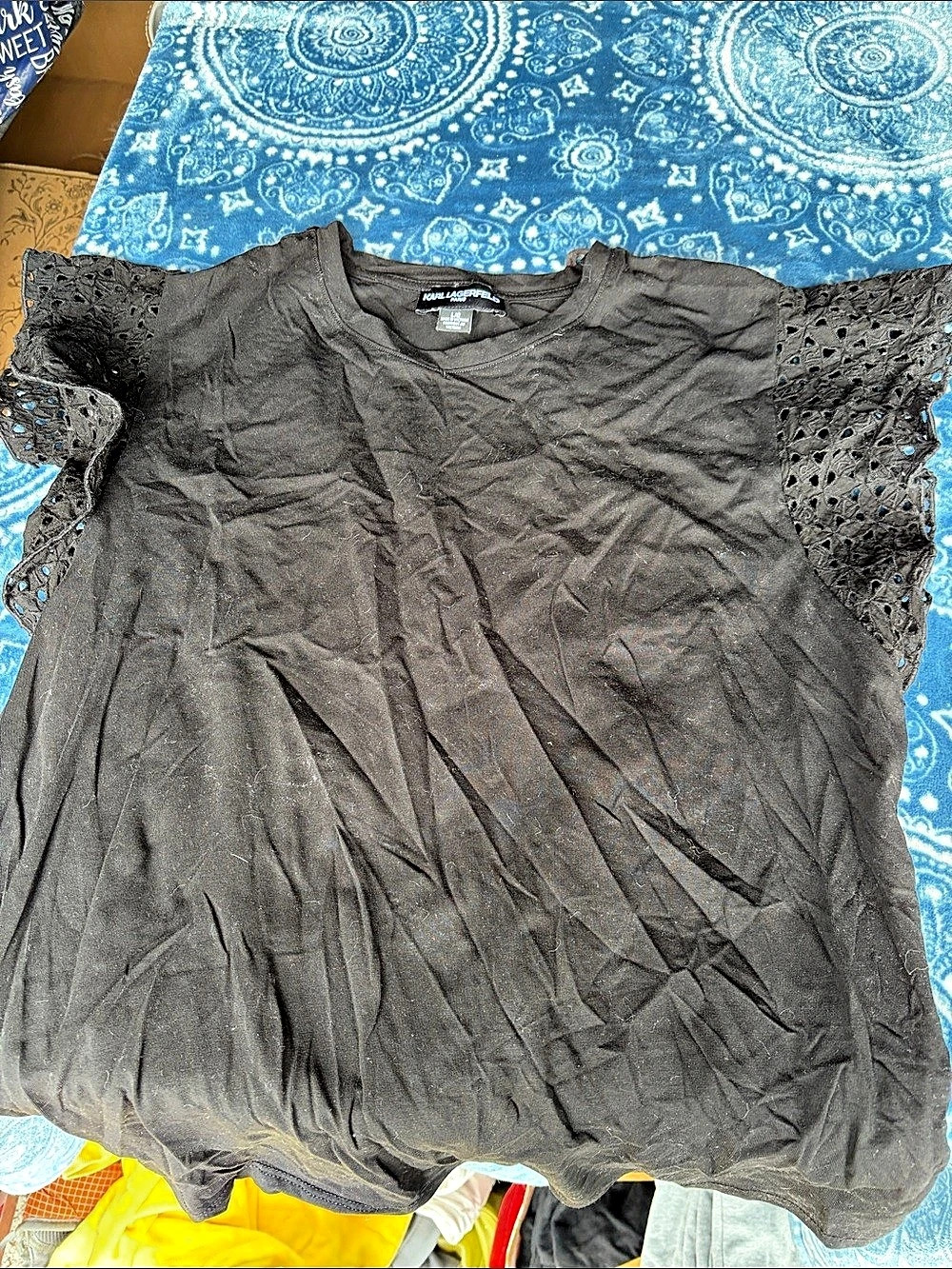 Karl Lagerfeld Black Lace Sleeve Top Size Large